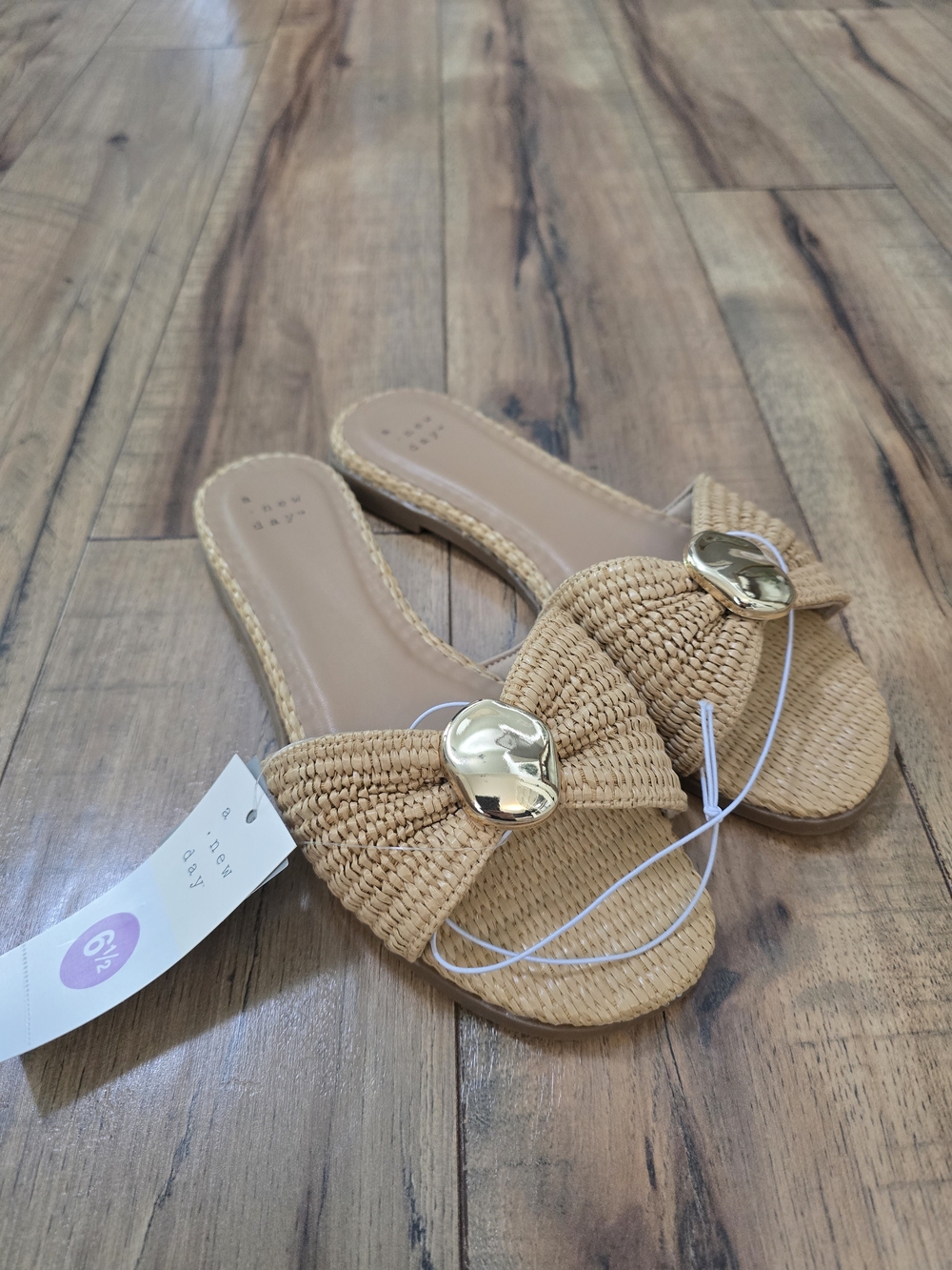 a new day Tan Woven Bow Slide Sandals with Gold Accent